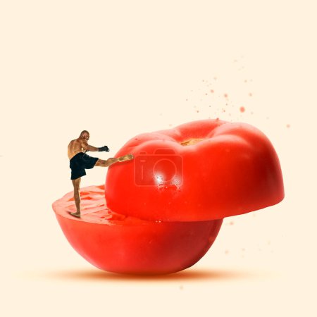 Photo for Athletic man, mma fighter in motion, hitting tomato with leg. Choosing health eating. Contemporary art collage. Concept of food and sport, surrealism, nutrition and diet, health. Creative design - Royalty Free Image