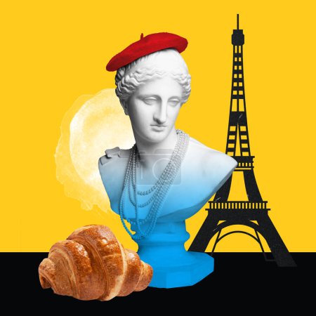 Foto de Al estilo parisino. busto de estatua antigua en boina roja sobre fondo amarillo con torre eiffel y croissant. collage de arte contemporáneo. Concepto de posmodernidad, creatividad, viajes, imaginación, arte pop. - Imagen libre de derechos