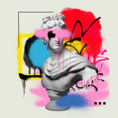 Photo for Antique statue bust painted in colorful paints, graffiti over light background. Street style. Contemporary art collage. Concept of postmodern, creativity, imagination, pop art. Creative design - Royalty Free Image