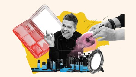 Photo for Smiling young man, professional makeup artist straining over many cosmetics tools. Beauty products. Contemporary art collage. Concept of profession, occupation, work, creativity, job fair, hobby, ad - Royalty Free Image