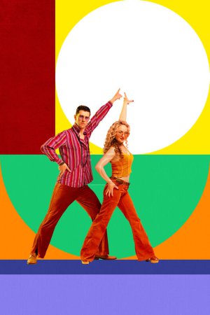 Photo for Artistic and expressive couple, stylish man and woman dancing, making performance over colorful abstract background. Concept of retro dance, vintage, hobby, creativity and inspiration. Poster, ad - Royalty Free Image