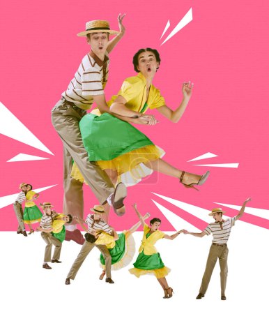Photo for Artistic and emotive young people man and woman cheerfully dancing retro dance over pink background. Concept of retro dance, vintage, hobby, creativity and inspiration. Colorful design. Poster, ad - Royalty Free Image