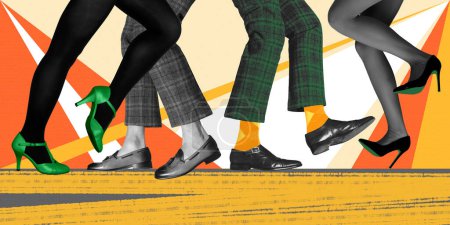 Photo for Party and leisure time. Male and female legs in shoes and heels over colorful background. People dancing. Concept of retro dance, vintage, hobby, creativity, inspiration. Colorful design. Poster, ad - Royalty Free Image