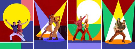 Photo for Collage. Artistic and expressive people, stylish men and women dancing, making performance over colorful abstract background. Retro dance, vintage, hobby, creativity, inspiration concept. Poster, ad - Royalty Free Image