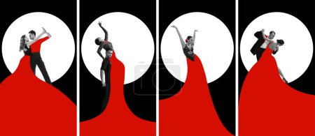Foto de Collage. Amor y pasión. Elegantes mujeres jóvenes y hombres bailando danza romántica sobre fondo abstracto. Concepto de danza retro, vintage, hobby, creatividad e inspiración. Diseño colorido. Póster, anuncio - Imagen libre de derechos