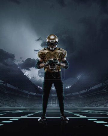 Photo for Concentrated and motivated man, american football sportsman standing in uniform with ball on arena, stadium. Darkness. 3D render. Concept of professional sport, competition, game, match. Poster, ad - Royalty Free Image