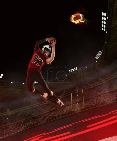 Foto de Imagen dinámica del hombre competitivo, jugador de fútbol americano atrapando pelota con efecto de fuego en el estadio. Empieza el juego. Representación 3D. Concepto de deporte profesional, competición, juego, partido. Póster, anuncio - Imagen libre de derechos