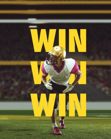 Photo for Motivated athlete, american football player on stadium during match with winning word design. 3D render. Success. Concept of professional sport, competition, game, match. Poster, ad - Royalty Free Image
