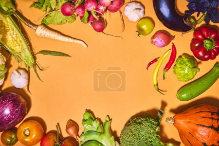 Téléchargez les photos : Vue de dessus de nombreux légumes différents sur fond orange. Citrouille, ail, brocoli, oignon, radis, tomate. Concept de légumes, jardin, récolte, alimentation biologique, marché fermier. Espace de copie pour la publicité - en image libre de droit