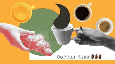 Photo for It is coffee time. Woman with coffee cup and fresh croissant over colorful background. Creative design. Concept of food and drink, taste, creativity. Artwork. Poster. Copy space for ad - Royalty Free Image