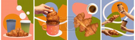 Photo for Collage. Delicious cups of coffee and freshly baked croissants over abstract background. Concept of food and drink, taste, creativity. Artwork. Poster. Copy space for ad - Royalty Free Image