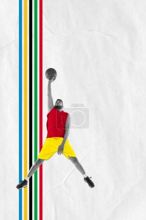 Photo for Young man, basketball player in motion, jumping with ball, training. Contemporary art collage. Concept of professional sport, creativity, healthy and active lifestyle. Poster, ad - Royalty Free Image
