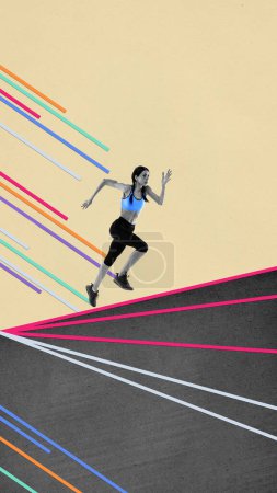 Photo for Young muscular woman, runner in motion, training, running. Marathon preparation. Contemporary art collage. Concept of professional sport, creativity, healthy and active lifestyle. Poster, ad - Royalty Free Image
