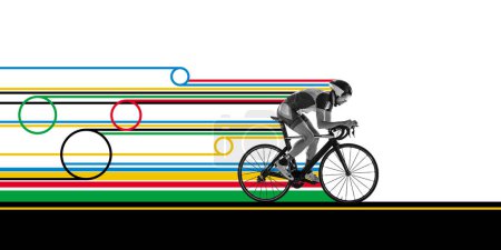 Téléchargez les photos : Homme, entraînement cycliste, vélo sur fond blanc avec des éléments de design abstraits. Collage d'art contemporain. Concept de sport professionnel, créativité, mode de vie sain et actif. Affiche, annonce - en image libre de droit