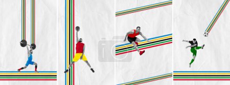 Photo for Young people, athletes training different sports on white background with abstract design elements. Contemporary art collage. Concept of professional sport, creativity, active lifestyle. Poster, ad - Royalty Free Image