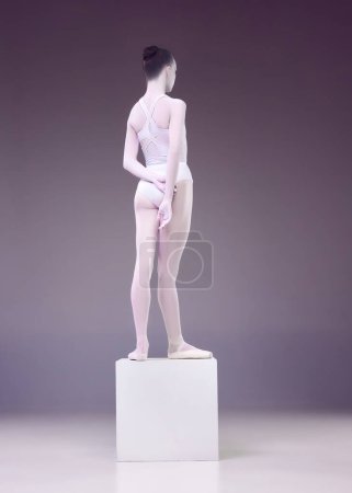 Photo for Back view of tender, slim, young woman, ballerina standing on cube over studio background. Statue pose. Concept of classical art, beauty, elegance, classical dance, talent and hobby. Ad - Royalty Free Image