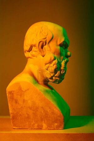 Photo for Antique statue bust against gradient studio background in neon lights. Gypsum copy. Concept of antique style, classic art, museum, history and mythology. Poster, ad - Royalty Free Image