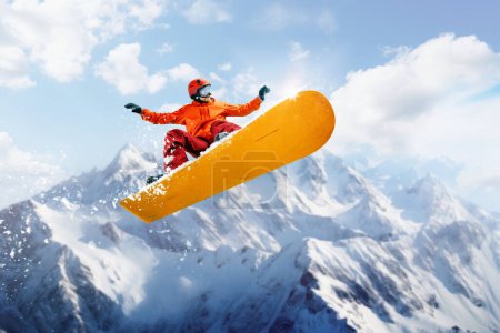 Photo for Man, active sport lover, snowboarder in motion over snowy mountains background. Tourism and travel. Concept of winter sport, action, motion, hobby, leisure time. Banner. Copy space for ad - Royalty Free Image