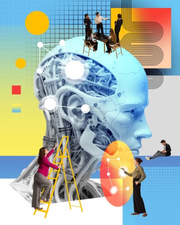 Photo for 3D model of giant robot head and employees working on technical issues. Artificial intelligence services. Contemporary art collage. Concept of business, modern technologies, innovations, office - Royalty Free Image