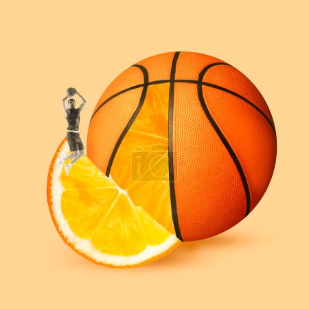 Photo for Young guy, basketball payer in motion, throwing ball. Orange slice. Metaphor. Contemporary art collage. Concept of creativity, surrealism, imagination, inspiration, ideas. Copy space for ad - Royalty Free Image