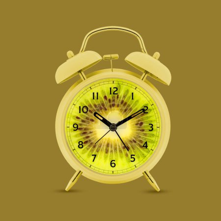 Foto de Reloj despertador creativo con imagen de kiwi sobre fondo verde caqui. Despierta, plazos, hora. collage de arte contemporáneo. Concepto de creatividad, surrealismo, imaginación, ideas. Copiar espacio para anuncio - Imagen libre de derechos