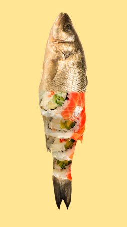 Foto de Cena creativa. Sushi dentro de los peces sobre fondo amarillo. Mariscos, culinaria, sabor. collage de arte contemporáneo. Concepto de creatividad, surrealismo, imaginación, inspiración, ideas. Copiar espacio para anuncio - Imagen libre de derechos