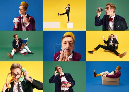 Foto de Collage hecho de retrato de hombre joven en diferentes situaciones sobre fondo multicolor. Concepto de emociones humanas, estilo de vida, negocios, afición, ocupación. Anuncio - Imagen libre de derechos
