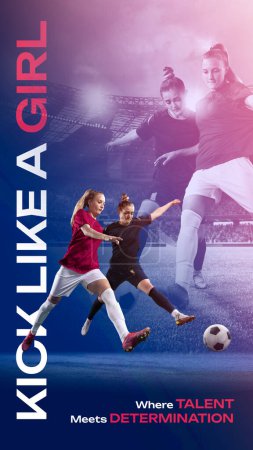 Photo for Motivation and ambitions. Female soccer players in motion, young girls dribbling ball. Football match ad. Concept of professional sport, competition, game, event. Poster, advertisement - Royalty Free Image