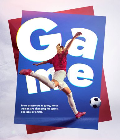 Photo for Female football match ads. Young girl, soccer player in motion hitting ball with leg. Concept of professional sport, match, competition, game, event. Poster, advertisement - Royalty Free Image