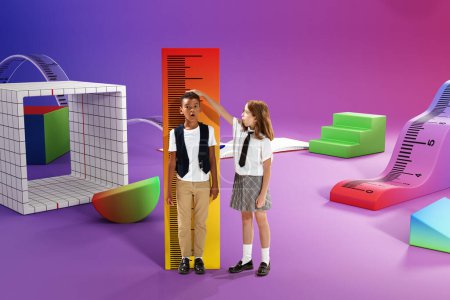 Photo for Measuring height. School boy and girl, children standing among 3D supplies. Math lessons. Concept of childhood, education, school, lifestyle, knowledge. Colorful collage. - Royalty Free Image