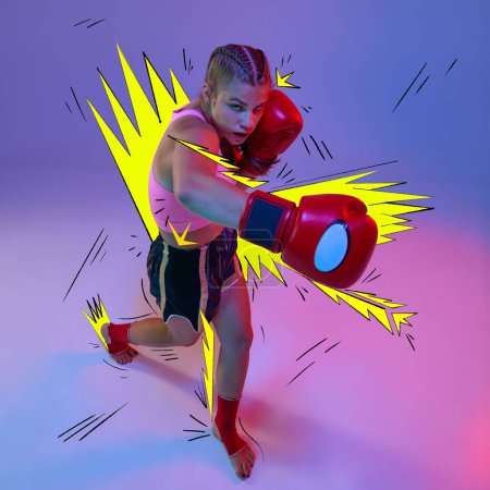 Photo for Teen girl, mma athlete in motion, training, fighting over purple background with doodles. Contemporary art collage. Concept of sport, active and healthy lifestyle, inspiration and creativity. - Royalty Free Image