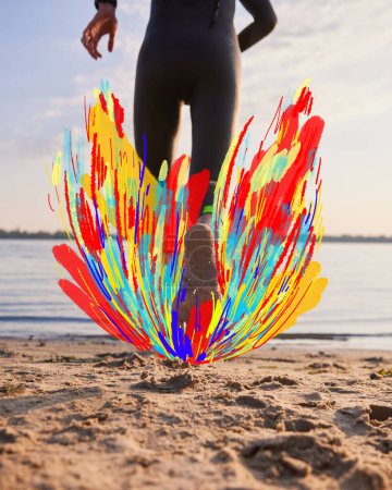 Photo for Cropped image female legs running on sand on beach, running into water with colorful doodle splashes. Contemporary art collage. Concept of sport, active and healthy lifestyle, inspiration, creativity. - Royalty Free Image