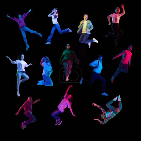 Photo for Collage. Young people, men and women of different age and race cheerfully jumping over black background in neon light. Concept of freedom, motivation, ambitions, success and lifestyle. - Royalty Free Image