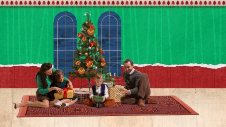 Photo for Coziness. Happy family, mother, father and children sitting at home near Christmas tree and opening presents. Contemporary art. Concept of winter season, holidays, celebration. Design for ad, postcard - Royalty Free Image