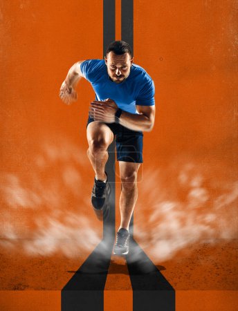 Foto de Demasiado rápido. Hombre musculoso concentrado, atleta corredor en movimiento, corriendo rápido y ganando maratón. Velocidad Concepto de deporte profesional, resistencia, velocidad, maratón, competición. Cartel - Imagen libre de derechos
