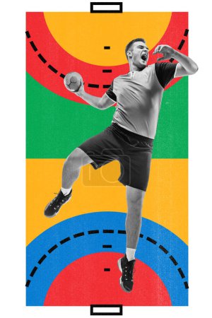 Foto de Joven competitivo y motivado, jugador de balonmano en movimiento, lanzando pelota sobre fondo colorido. collage de arte creativo. Concepto de deporte profesional, competición y partido, dinámica. Póster, anuncio - Imagen libre de derechos