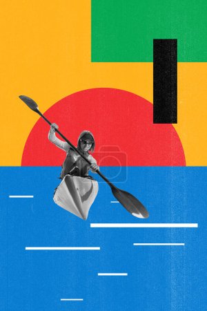 Photo for Young woman, sportsman in canoe, kayak with a life vest and a paddle over colorful background. Creative art collage. Concept of professional sport, competition and match, dynamics. Poster, ad - Royalty Free Image