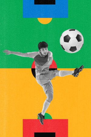 Photo for Young man, football athlete in motion, kicking ball with leg over colorful background. Creative art collage. Concept of professional sport, competition and match, dynamics. Poster, ad - Royalty Free Image