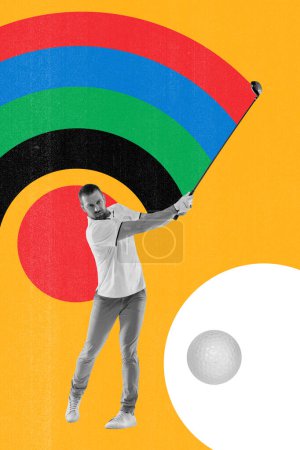Téléchargez les photos : Joueur de golf en chemise blanche prenant une balançoire sur fond multicolore. Club de sport. Collage artistique créatif. Concept de sport professionnel, compétition et match, dynamique. Affiche, annonce - en image libre de droit