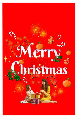 Photo for Happy beautiful woman, mother sitting with little daughter and opening presents. Merry Christmas. Contemporary art collage. Concept of winter holidays, Christmas and new year, joy and fun. Poster, ad - Royalty Free Image