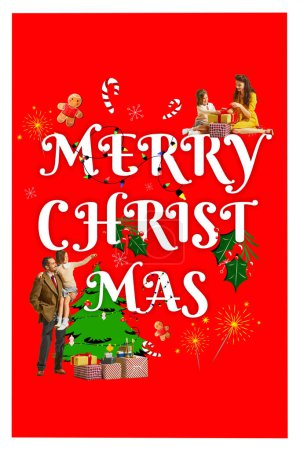 Photo for Happy family. Mother packing presents with little daughter, father decorating tree with son. Contemporary art collage. Concept of winter holidays, Christmas and new year, joy and fun. Poster, ad - Royalty Free Image