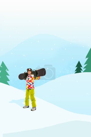 Téléchargez les photos : Jeune fille en tenue de sport debout sur des montagnes enneigées avec snowboard sur les épaules. Un passe-temps actif. Design créatif. Concept de sport d'hiver, vacances, vacances, tourisme, extrême. Affiche, annonce - en image libre de droit