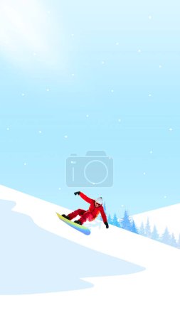 Téléchargez les photos : Vite ! Homme actif en casque et lunettes chevauchant le snowboard, descendant la montagne enneigée. Design créatif. Concept de sport d'hiver, vacances, vacances, tourisme, extrême. Affiche, annonce - en image libre de droit