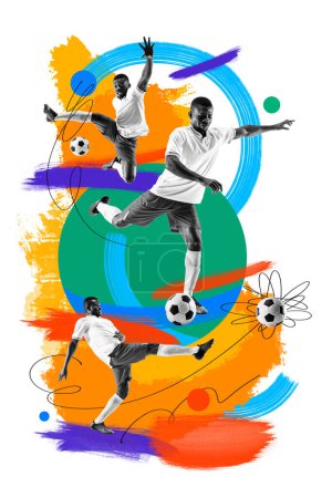 Photo for Young african man, football player in motion, kicking ball with leg over colorful background. Creative art collage. Concept of professional sport, competition and match, dynamics. Poster, ad - Royalty Free Image
