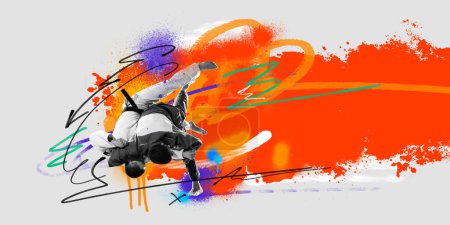 Téléchargez les photos : Deux hommes, karaté, athlètes de taekwondo en kimono se battant sur fond multicolore. Collage artistique créatif. Bannière. Concept de sport professionnel, compétition et match, dynamique. Affiche, annonce - en image libre de droit