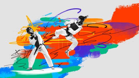 Foto de Dos mujeres, atletas de mma en ropa deportiva peleando por antecedentes multicolores. collage de arte creativo. Concepto de deporte profesional, competición y partido, dinámica. Póster, anuncio - Imagen libre de derechos