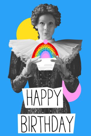 Photo for Happy and excited medieval royal person,. queen holding birthday cake Creative design. Concept of holidays, birthday party, creativity, pop art, inspiration. Poster, invitation card - Royalty Free Image