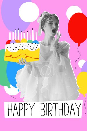 Photo for Pretty young girl, medieval princess, royal person holing cake, celebrating birthday. Creative design. Concept of holidays, birthday party, creativity, pop art, inspiration. Poster, invitation card - Royalty Free Image