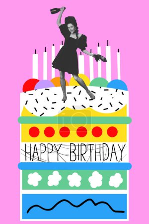 Téléchargez les photos : Elégant,. ivre, femme élégante en robe noire célébrant anniversaire, boire, danser sur le gâteau. Design créatif. Concept de vacances, fête, créativité et pop art, inspiration. Affiche, carte d'invitation - en image libre de droit