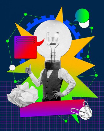 Photo for Businessman with lightbulb expressing creative and successful business ideas. Brainstorming. Contemporary art collage. Concept of business, office, innovations, success, development, profession - Royalty Free Image